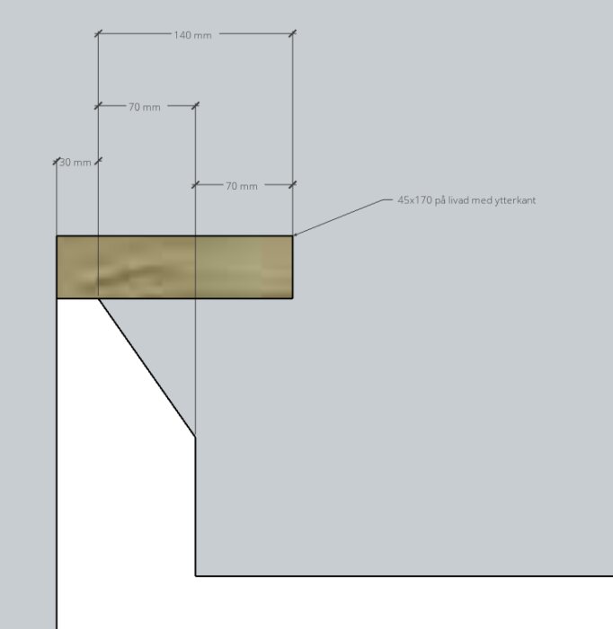 Diagram över väggsnitt visar 45x170 träbalk, 30 mm ytterisolering samt måttangivelser för betongen ovanför isoleringen.
