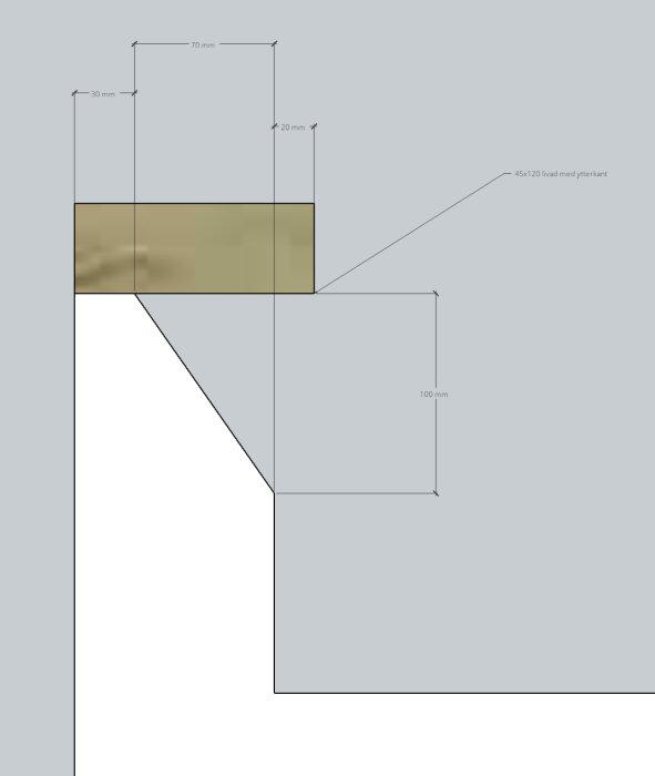 Diagram över isolerings- och betongsektion, visar mått på isolering och betong med 45x120 skruv positionerad vid ytterkant.