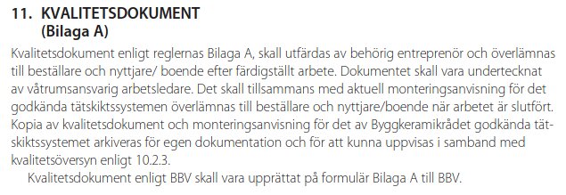Kvalitetsdokument enligt bilaga A i branschreglerna, med instruktioner om krav för arbete utfört av behörig entreprenör inom byggkeramik.