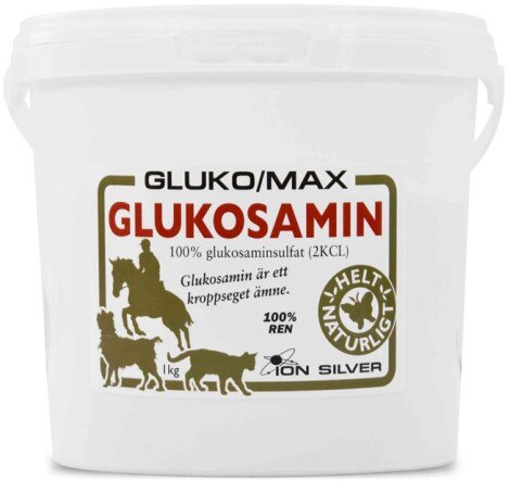 Plastburk med Glukomax Glukosamin för djur, 1 kg, med etikett som visar silhuetter av häst, hund och katt.
