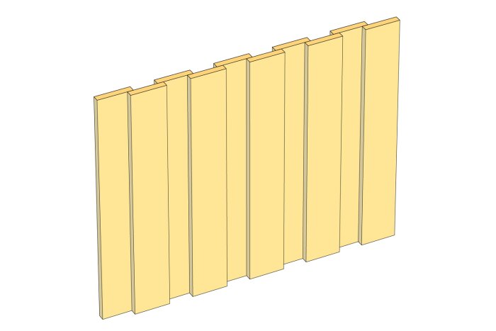 Illustration av stående lockpanel i trä, 22x95, för dörrprojekt; liknar en plankkonstruktion som ska matcha ett garage.