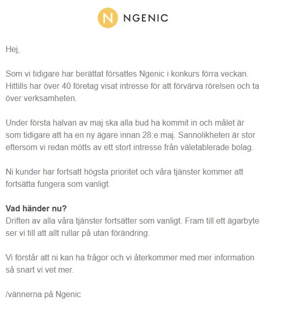 Textmeddelande från Ngenic om konkurs och framtidsplaner, med logotypen högst upp.