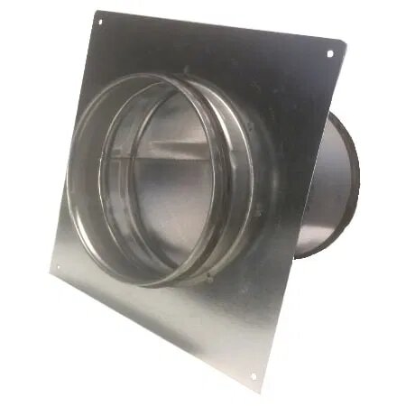 Metalliskt luftdon med fyrkantig fläns och rund anslutning, används för inomhusventilation och kräver isolering för att förhindra kondens.