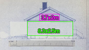 Ritning av en husfasad med måttangivelser; 3,7x2m och 8,3x2,5m över panelområdet.
