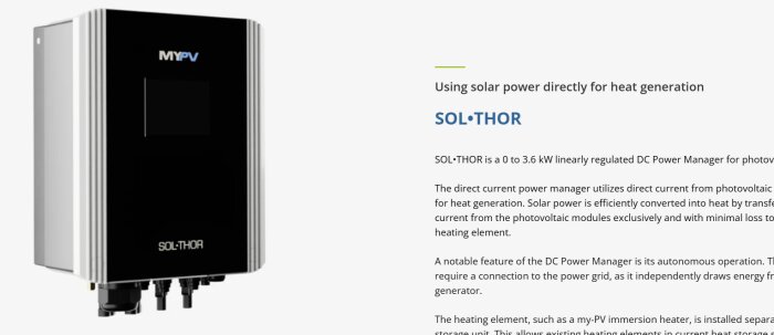 Sol•Thor DC Power Manager för solvärmeinstallation, svart och grå enhet med anslutningar längst ner, används för att omvandla solenergi till värme.