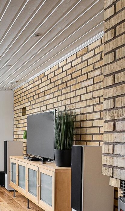 Gillestuga med TV på en träbänk framför en tegelvägg. Två högtalare och krukväxt bredvid. Trätak med LED-lampor ovanför.