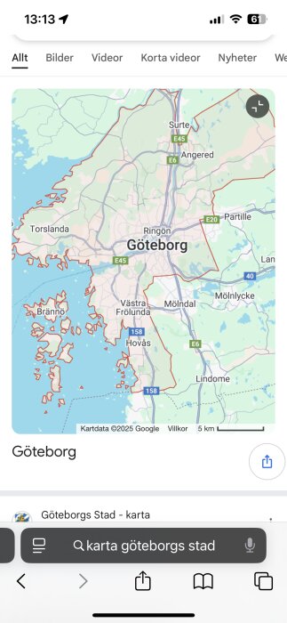 Karta över Göteborgs stad med skärgårdsöarna markerade i rött mot en blå havsbakgrund.