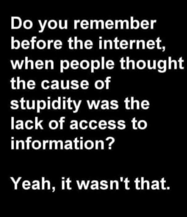 En bild med text som ifrågasätter antagandet att okunskap beror på bristande tillgång till information, med referens till tiden före internet.
