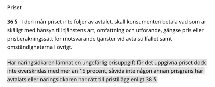 Text från konsumenttjänstlagen om prisavtal och reglering av prisändringar med 36 § och undantag för ungefärlig prisuppgift.