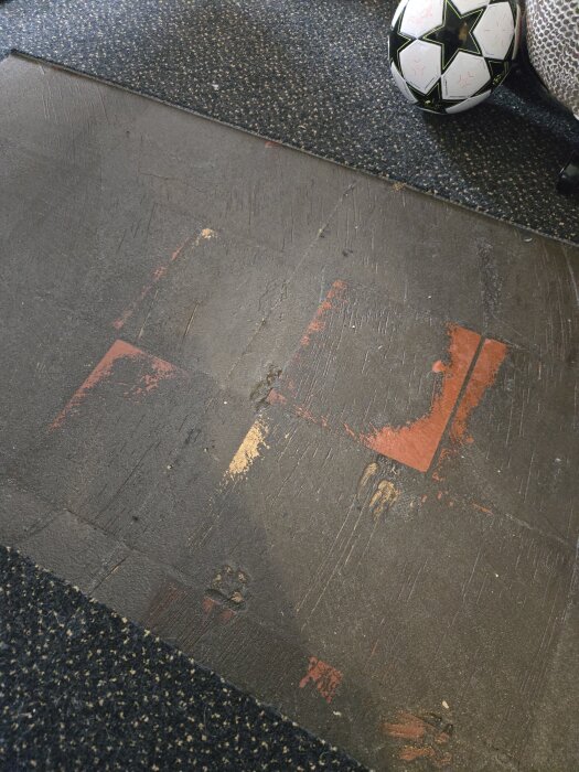 Klinkerplattor delvis täckta av gammalt golvlim, med en fotboll på sidan och spår av tidigare matta ovanpå.
