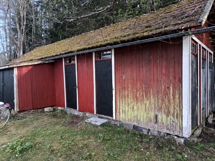 Rött uthus med svart dörr och mossa på taket, delat med grannen, innehållande vedbod och dass. Flagnar färg.