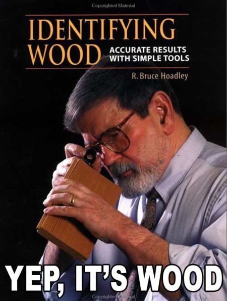 En man granskar en träbit med ett förstoringsglas på omslaget av boken "Identifying Wood" av R. Bruce Hoadley. Text: "YEP, IT'S WOOD".