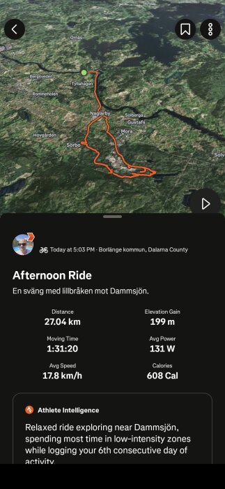 Karta över en cykelrunda i Borlänge med start vid Tyllahagen genom Naglarby och Sörbo. Rundan är 27,04 km med en höjdökning på 199 meter.