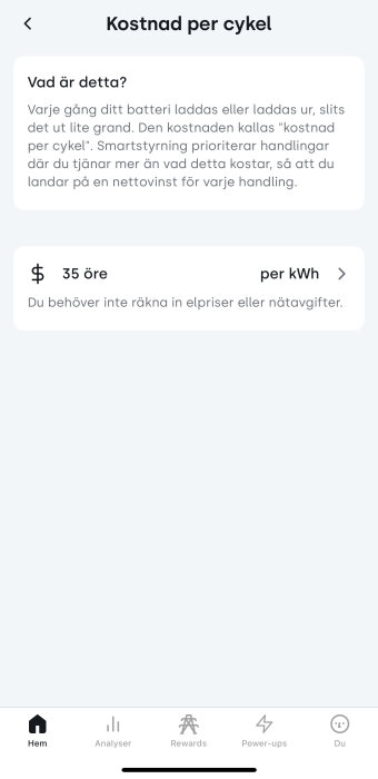Skärmbild av appinställning som visar kostnad per cykel för batterislitage, 35 öre per kWh.