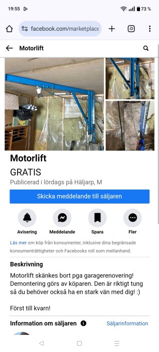 Blå motorlyft installerad i garage med isolering på väggarna. Två mindre bilder visar närbilder av lyften och omgivningen.