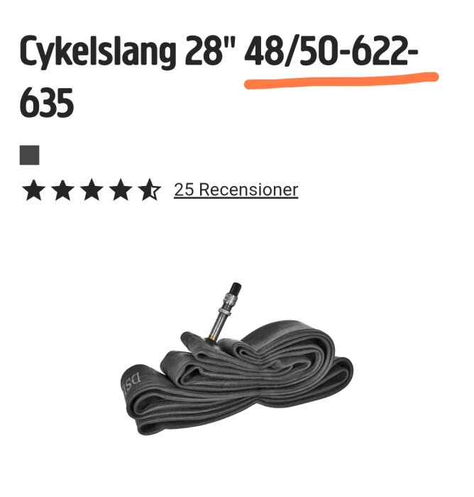 Cykelslang för 28 tums hjul med dimensionerna 48/50-622-635 och ventil, recenserad med stjärnbetyg.