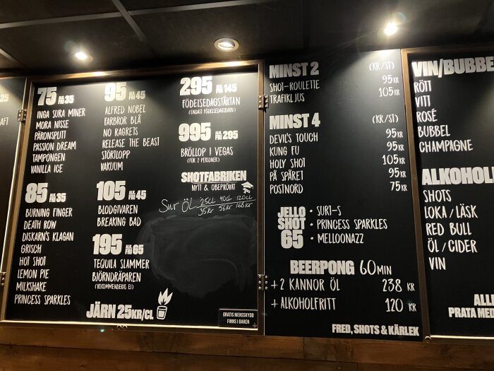 Meny på bar med drinkpriser, shot-namn som "Burning Finger" och "Tequila Slammer", samt anteckningar om sur öl och bordsreservationer.