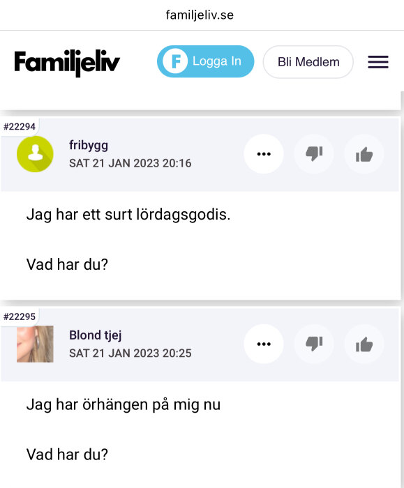 Inlägg på Familjeliv.se av användare "Blond tjej" som nämner att hon har örhängen på sig nu.