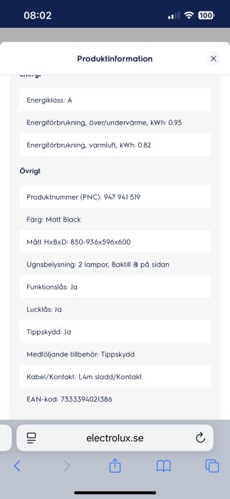 Produktinformationssida för en köksapparat, detaljer som energiklass A, mått, färg Matt Black och produktnummer visas på Electrolux webbplats.