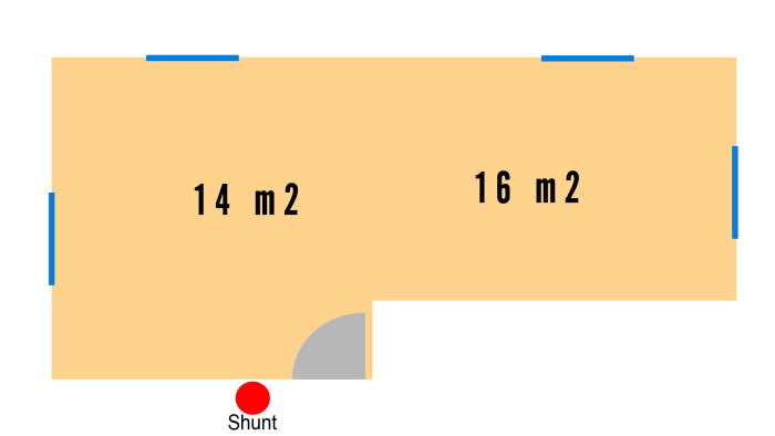Planritning av kök och matsal, 14 och 16 m², med shunt markerad vid ingången. Slingor för golvvärme planeras här; rumsdelning synlig.