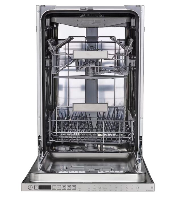 Öppen diskmaskin med tomma korgar, metallram och kontrollpanel synlig längst ner.