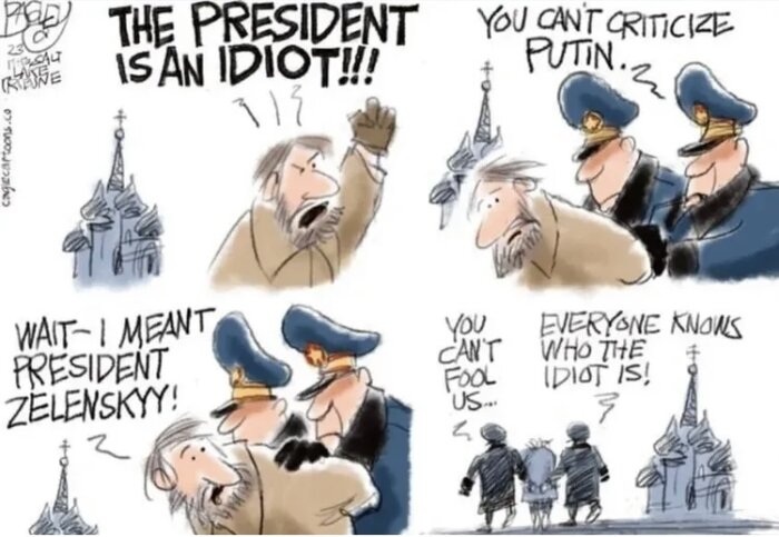 Tecknad serie med en man som ropar att presidenten är en idiot, stoppad av poliser som säger att han kritiserar fel president.