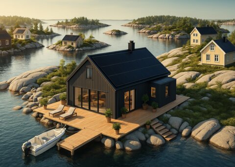 Ett svart hus med solpaneler på taket, beläget vid vattnet med en brygga och båt, omgivna av trädäck och grönska.