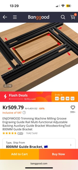 Guidefäste för fräs med justerbara rälsar på träram, säljs på Banggood.