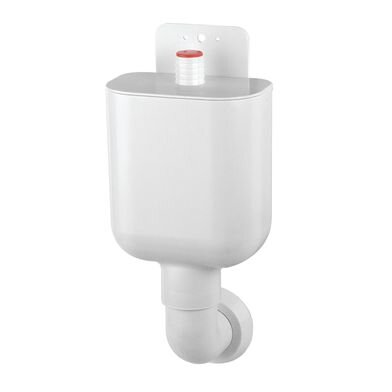 Vit spillvattenlåda med anslutning för tvättmaskin från Faluplast, monterad med krage enligt Säkert vatteninstallation, på vit bakgrund.