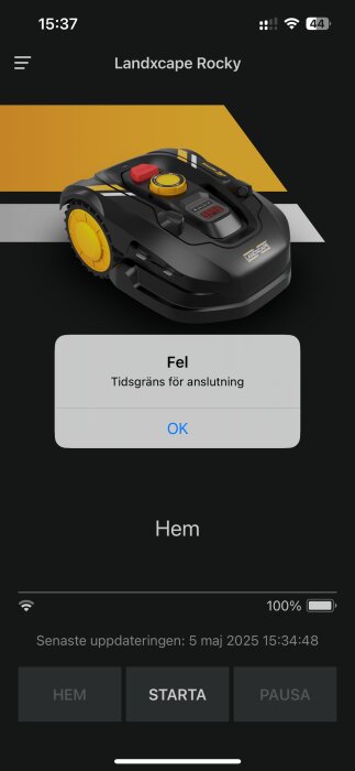 Landxcape Rocky-appen visar ett felmeddelande "Tidsgräns för anslutning" efter försök att starta eller ändra schema.