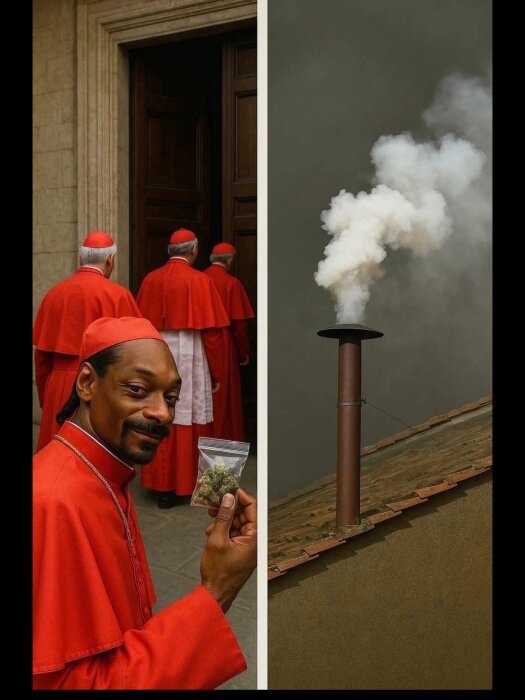 Montage av personer i röda kläder och en man med påse samt bild på vit rök från skorsten.