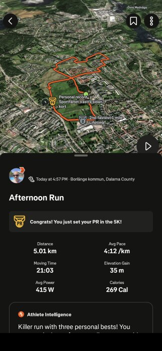 Satellitkarta över Borlänge med en löprunda markerad, visning av personligt rekord, distans 5,01 km, snittid 4:12/km, och kaloriförbränning 269.
