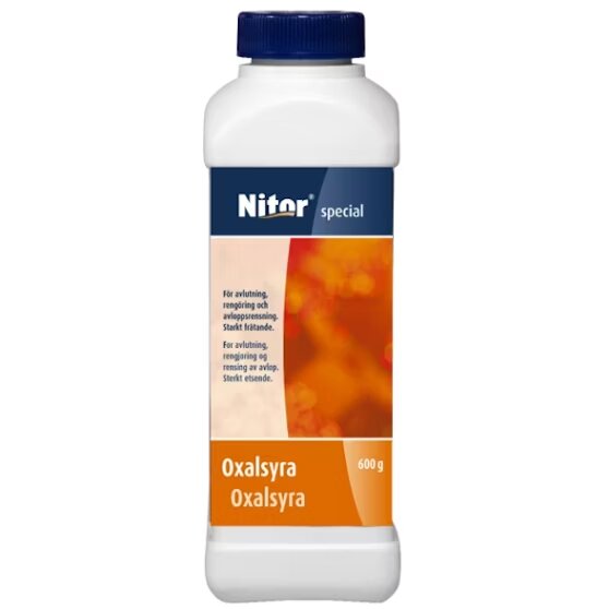 Flaska med Nitor oxalsyra för effektiv fälgrengöring, orange etikett, 600 g.