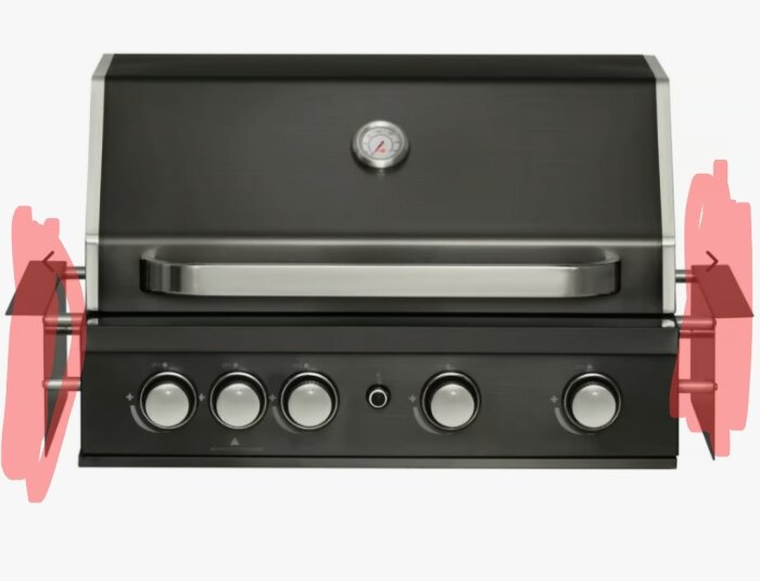 Gasolgrill med fyra vred, termometer på locket, sidoutrymmen markerade i rött för inbyggnation i ett utekök.