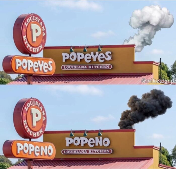 Stora skyltar på en snabbmatsrestaurang, en med "Popeyes" och en där "Popeno" syns. Rök i olika nyanser stiger från byggnaden.