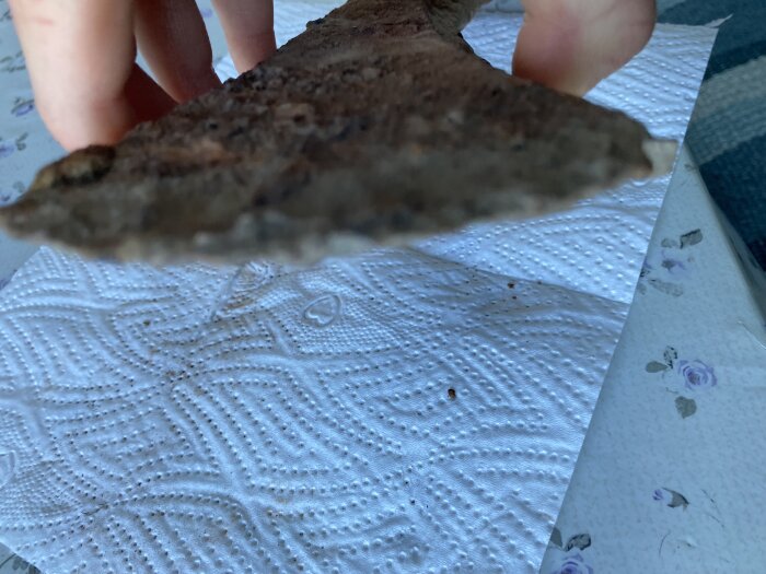 Rostigt gjutjärnsföremål som liknar en yxa, med skarp kant, hålls upp av en hand över en pappersduk.