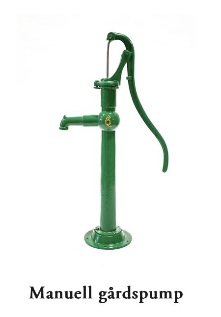 Grön manuell gårdspump med vev, stående på vit bakgrund.