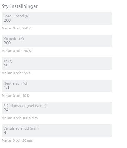Inställningar för styrsystem med parametrar som p-band, Xp, Tn, neutralzon, ställdonshastighet och ventilslaglängd, mätt i olika enheter.