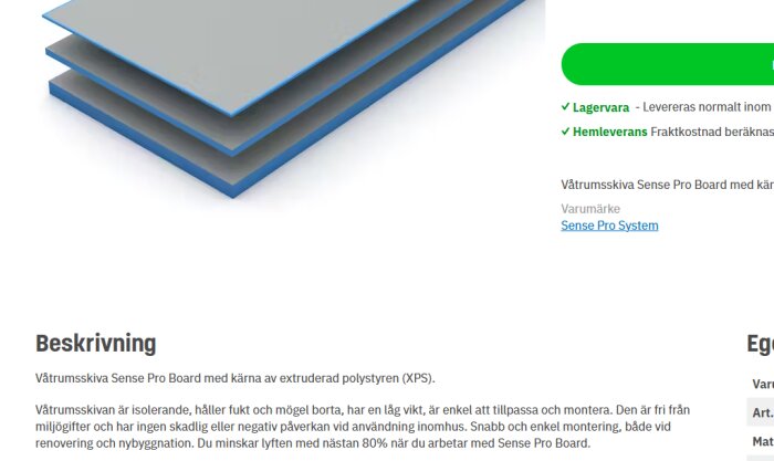 Visualisering av flerskikts våtrumsskiva Sense Pro Board med XPS-kärna, beskriver materialets egenskaper och användningsområden.