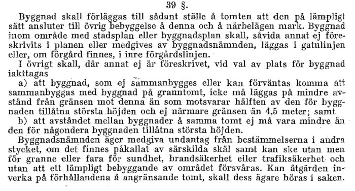 Gammal byggnadsstadga som beskriver regler för byggnaders placering på tomt, inklusive avstånd till gräns och godkännande av byggnadsnämnden.