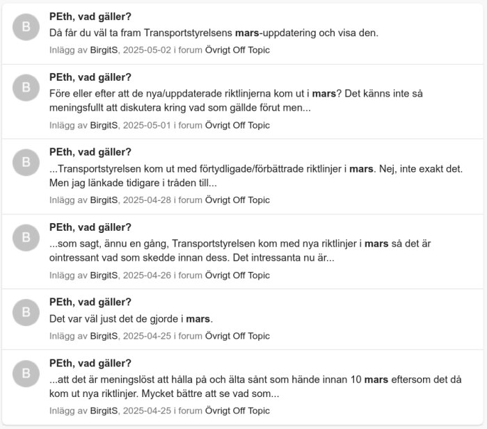 Skärmbild av diskussionstråd om Transportstyrelsens uppdateringar i mars med flera inlägg av användaren BirgitS i forumet 'Övrigt Off Topic'.
