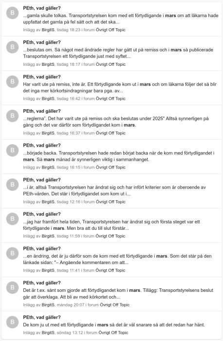 Skärmdump av ett diskussionsforum med inlägg om ändringar och förtydliganden från Transportstyrelsen.