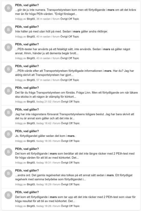 Forumdiskussion om PEth-värden med flera inlägg av användaren BirgitS om förändringar från mars.