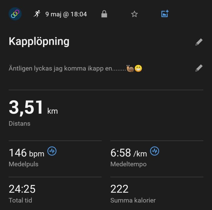 Löpningsapp-skärmdump visar data: 3,51 km distans, 146 bpm medelpuls, 6:58 min/km medeltempo, 24:25 total tid, 222 kalorier. Text: "Kapplöpning".