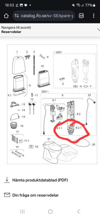 Diagram över reservdelar till en toalett med delarna 8.1.1 och 8.2.1 inringade i rött, potentiellt område för läcka.