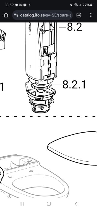 Ritad bild av en toalettexpansionsdel, numrerad 8.2, med frågor om potentiellt läckage vid markerad punkt.