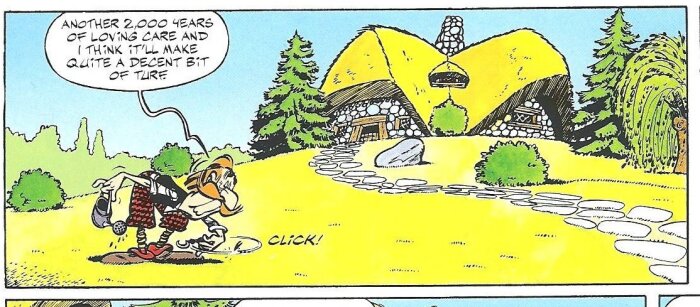 Person klipper gräsmatta framför ett hus med halmtak, talbubbla om att vård förbättrar gräset, text "CLICK!" när gräsklipparens handtag trycks ner.