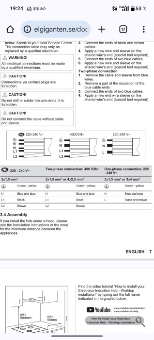 Installationsanvisning för Electrolux HOI630MF visar anslutningsmetoder för N-ledare och andra kablar, samt minimimått för montering under köksfläkt.