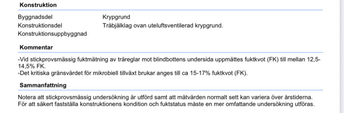Besiktningsprotokoll för krypgrund med uppgifter om byggdel, konstruktion och fuktmätning, samt kommentarer om fuktstatus och rekommendationer.