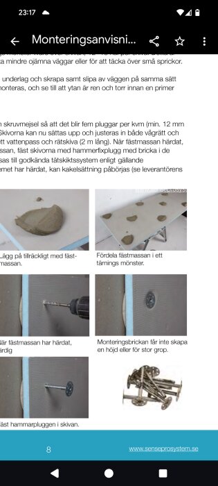 Monteringsanvisningar för skivor i källare med fästmassa i tärningsmönster, exempel på skruvmejsel och hammarfäste med brickor visas.